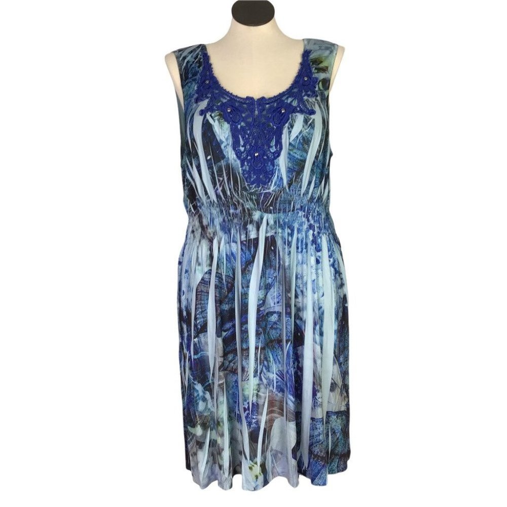 ONE WORLD Blue Sleeveless Sundress with Scoop Neck